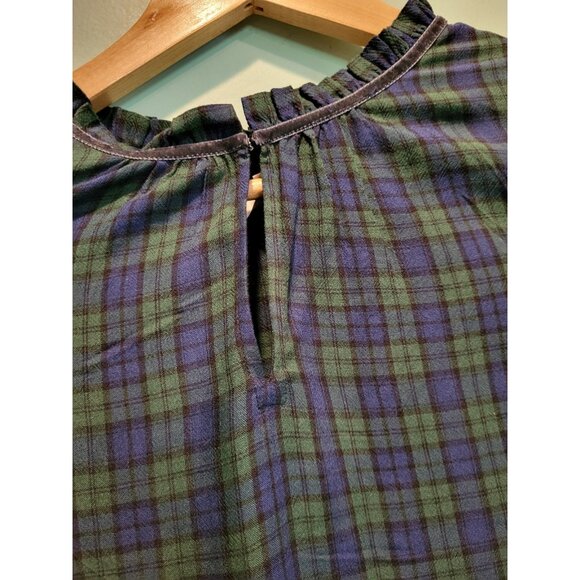 New Blue Green Plaid Lightweight Long Puff Sleeve Relaxed Fit Top Sz L - Picture 2 of 8